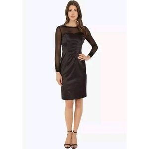 NEW $168 Tahari ASL 4 Stretch Satin Illusion Mesh Neckline Sleeves Dress Black
